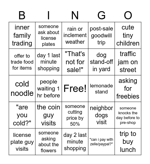 Annual Multi-Family Yard Sale Bingo Card