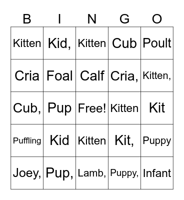 Baby Animal Bingo Card