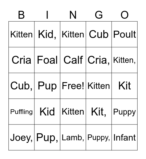 Baby Animal Bingo Card