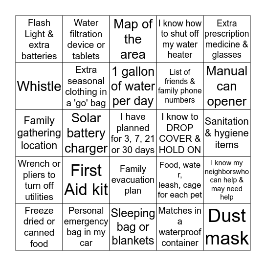 I have ready for a disaster (circle if multiple answers) Bingo Card