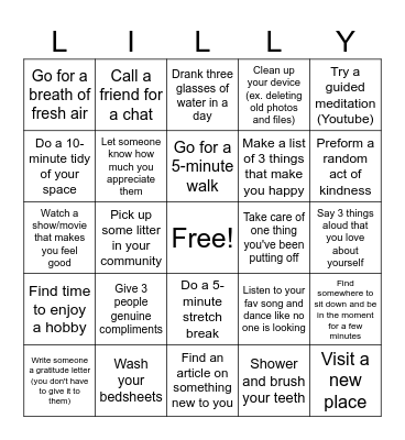 Mental Wellness Bingo Card