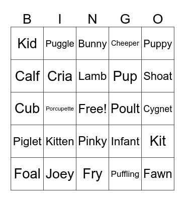 Baby Animal Bingo Card