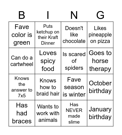 Get To Know You! Bingo Card