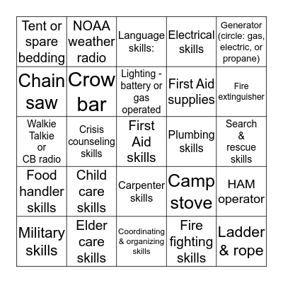 SKILLS INVENTORY Bingo Card