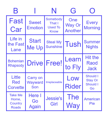 Road Trip Songs Bingo Card