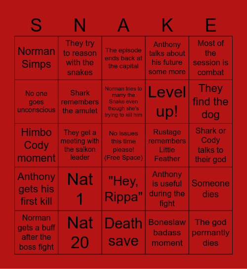 Isekai DnD Episode 29 "Snek Goddess Boss Fight" Bingo Card