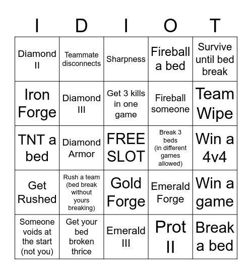 Bedwars IDIOT Bingo Card