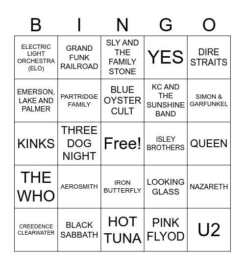 70's Bands Bingo Card