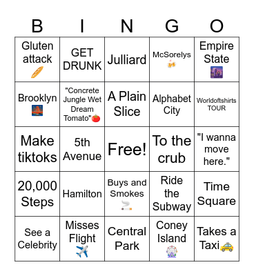 yeah yeahh in NEW YAWK Bingo Card