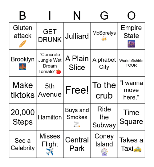 yeah yeahh in NEW YAWK Bingo Card