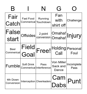 Super Bowl Bingo Card