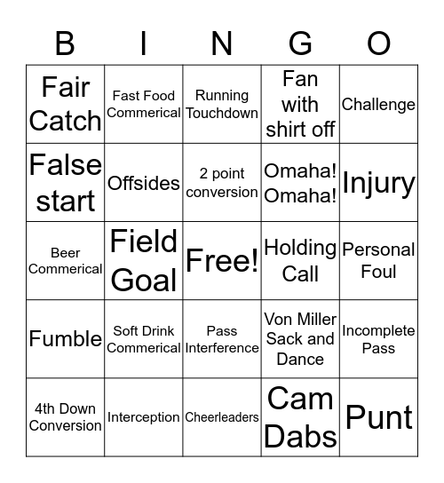 Super Bowl Bingo Card