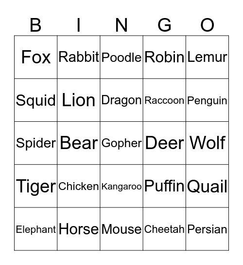 Animal Bingo Card