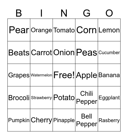 Fruits and Veggies Bingo Card