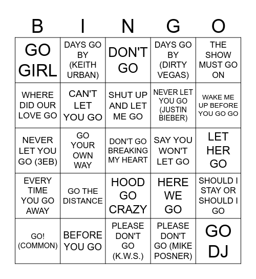 GO! Bingo Card