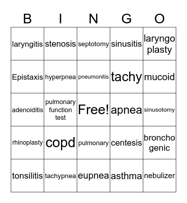 respiratory system Bingo Card