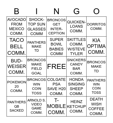 SUPER BOWL 2016 Bingo Card