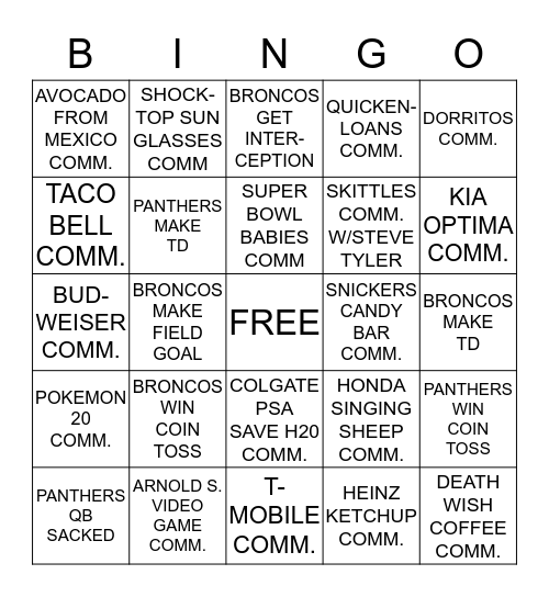 SUPER BOWL 2016 Bingo Card