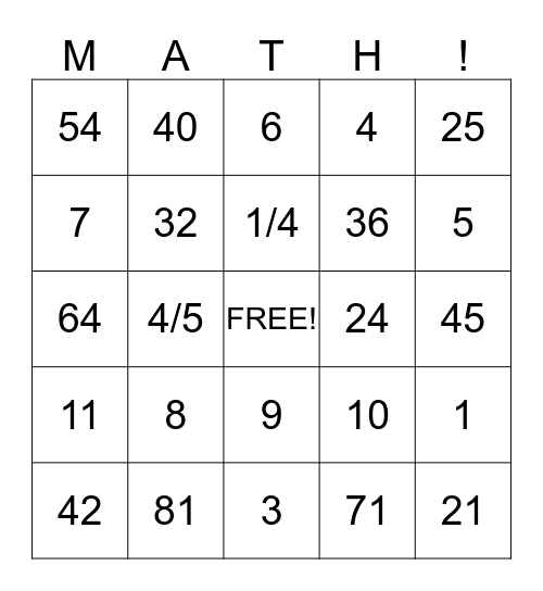 Math Bingo Card