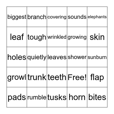 "All About African Elephants" Word Grid Game Bingo Card
