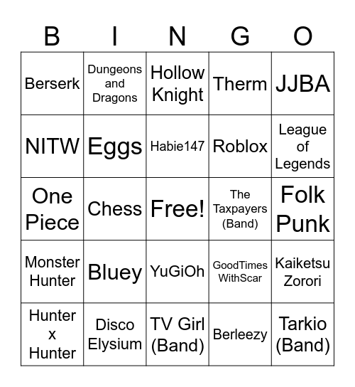 Matthew Likes/Interests Bingo Card