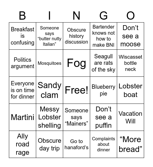 Maine 2023 Bingo Card