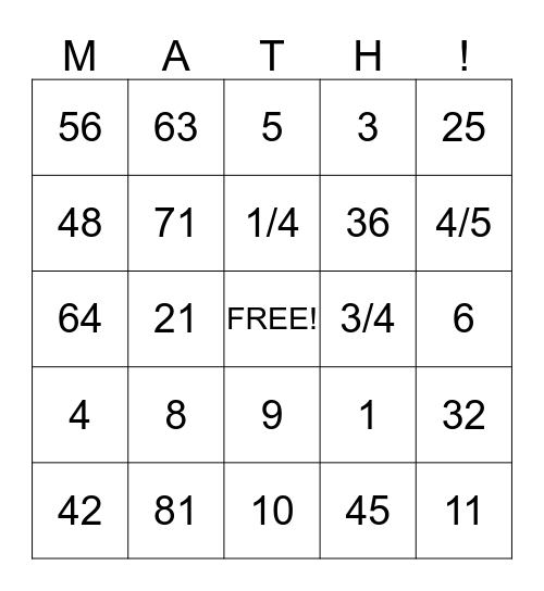 Math Bingo Card