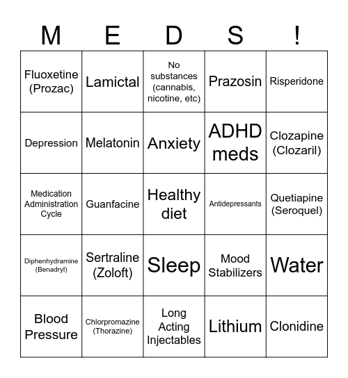 Psych Medication Bingo Card