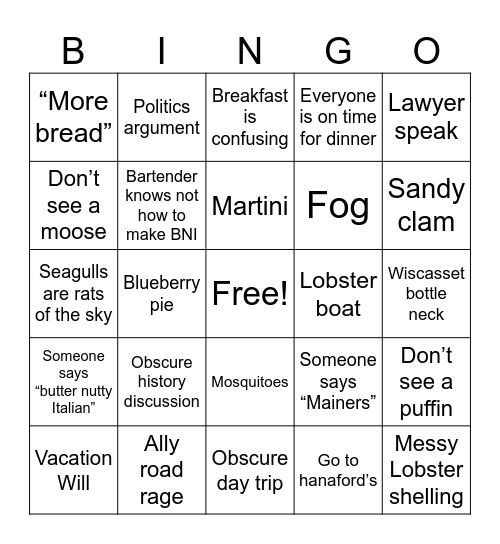 Maine 2023 Bingo Card