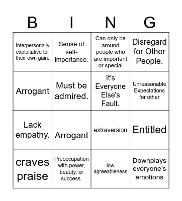 Narcissistic Bingo Card