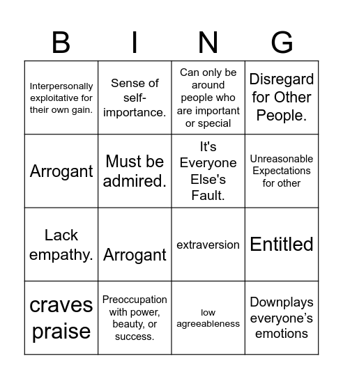 Narcissistic Bingo Card