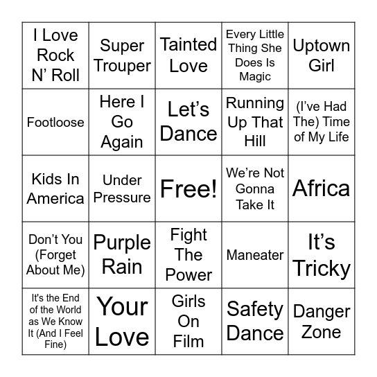 Music Bingo: 80s Edition Bingo Card