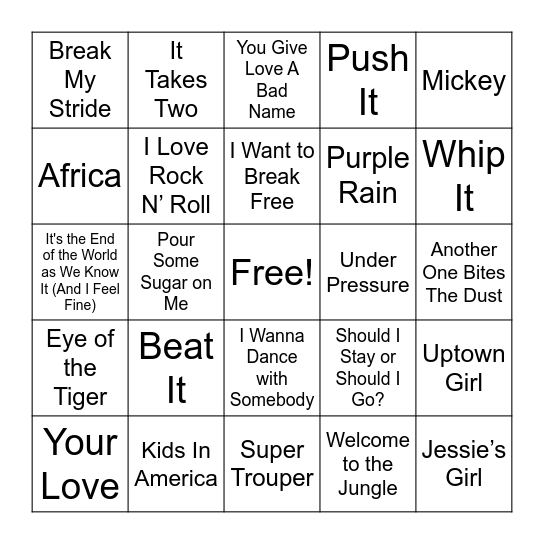 Music Bingo: 80s Edition Bingo Card