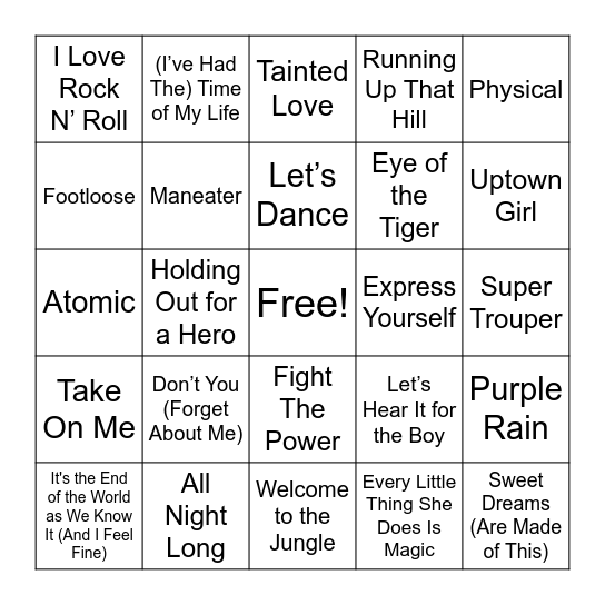 Music Bingo: 80s Edition Bingo Card