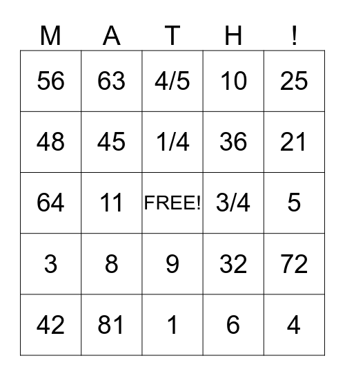 Math Bingo Card