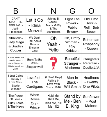 Soundtrack Hits Bingo Card