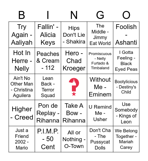 2000s Songs of the Summer Bingo Card