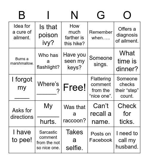 Girls Camping Bingo Card