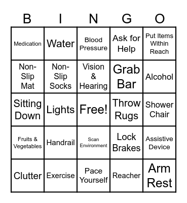 Fall Prevention BINGO Card