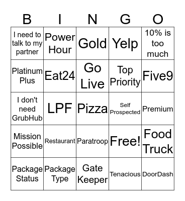 GrubHub Sales Bingo Card