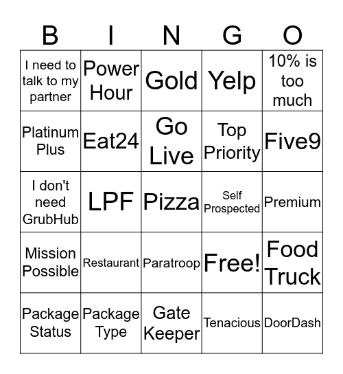 GrubHub Sales Bingo Card