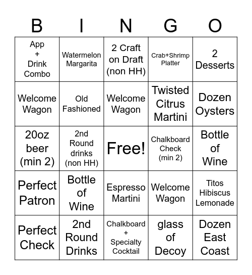 Dinner Contest Bingo Card
