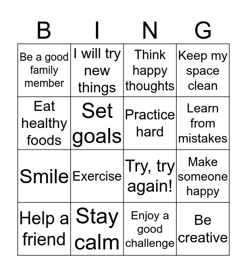 Self-Esteem Bingo Card