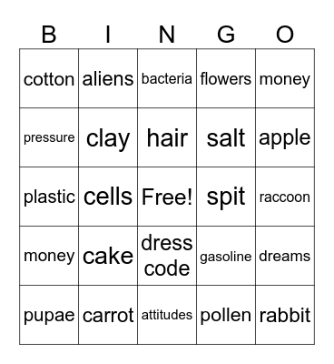 Living vs. Non-living Bingo Card
