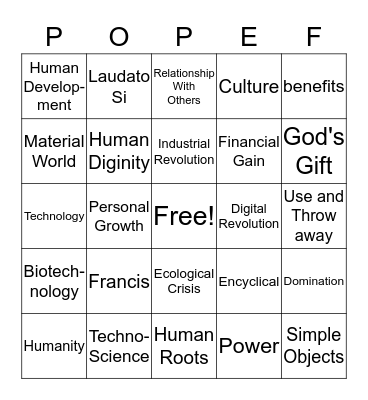 Laudato Si Bingo Card