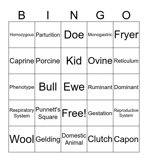 Animal Science Review Bingo Card