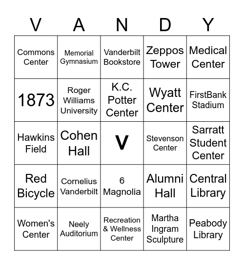 Vanderbilt Campus Bingo! Bingo Card