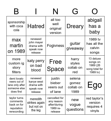 Taylor Swift Bingo Card