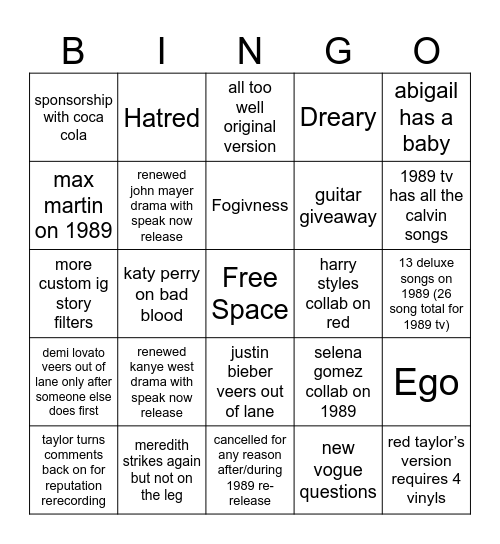 Taylor Swift Bingo Card