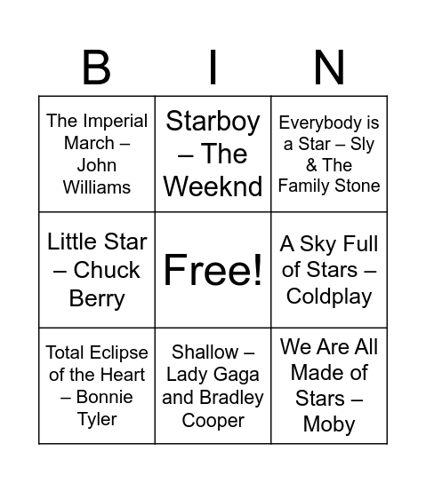 Songs About Stars Bingo Card